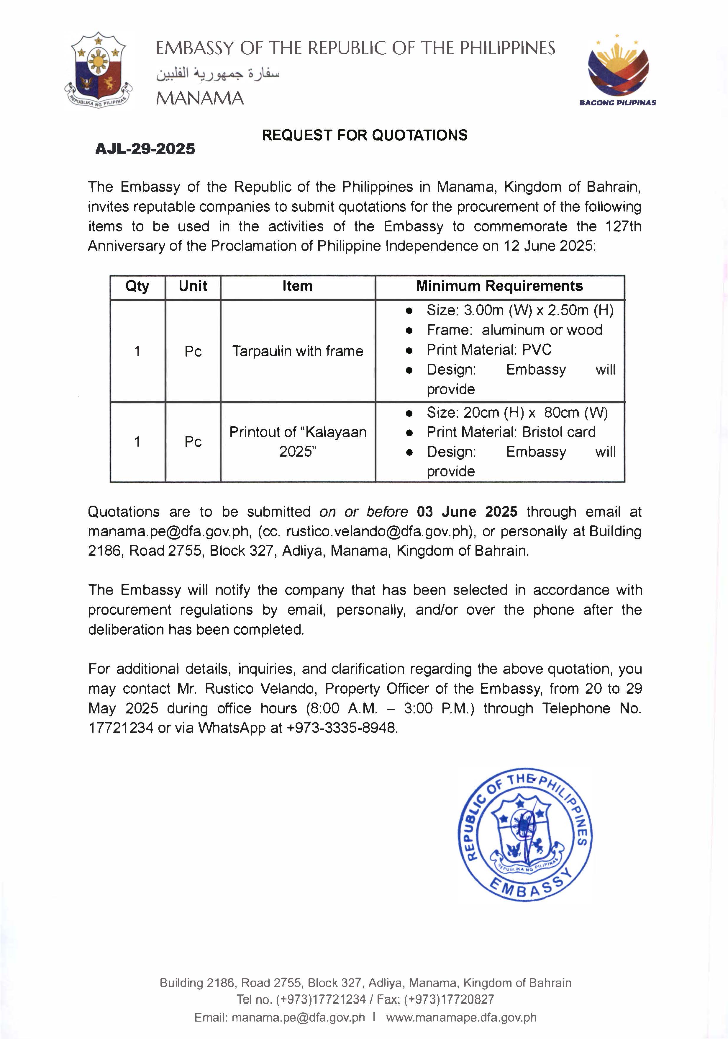 AJL 29 2025 REQUEST FOR QUOTATIONS FOR PROCUREMENT OF 1 PC TARPAULIN AND 1 PC PRINTOUT OF KALAYAAN 2025