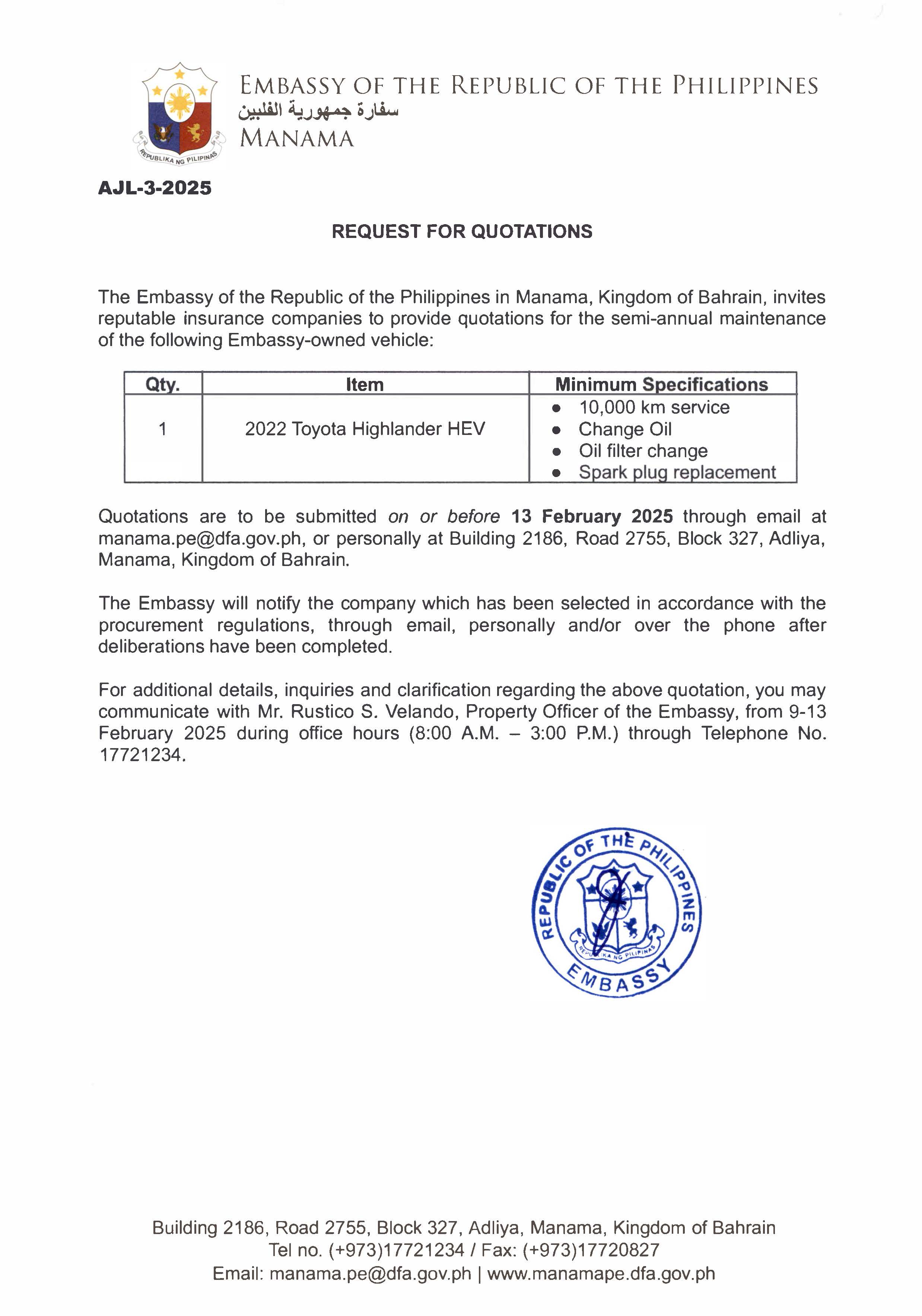 AJL 3 2025 REQUEST TO PROVIDE QUOTATIONS FOR THE SEMI ANNUAL MAINTENANCE OF THE OFFICIAL VEHICLE OF THE EMBASSY 2022 TOYOTA HIGHLANDER HEV