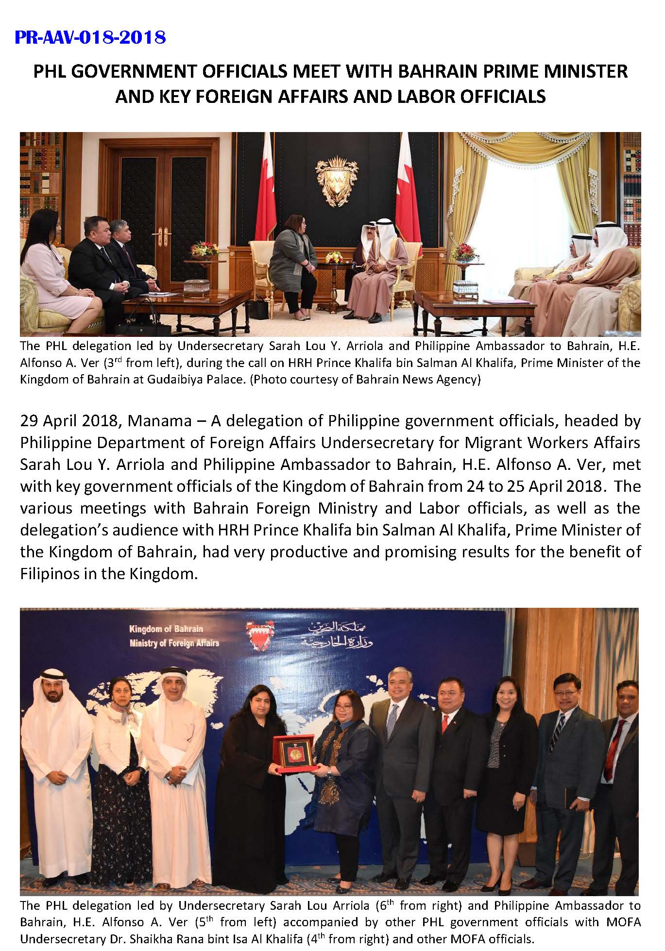 A PR AAV 018 2018 Phl Govt Officials meet with Bahrain PM and key Foreign Affairs and Labor Offcials Page 1