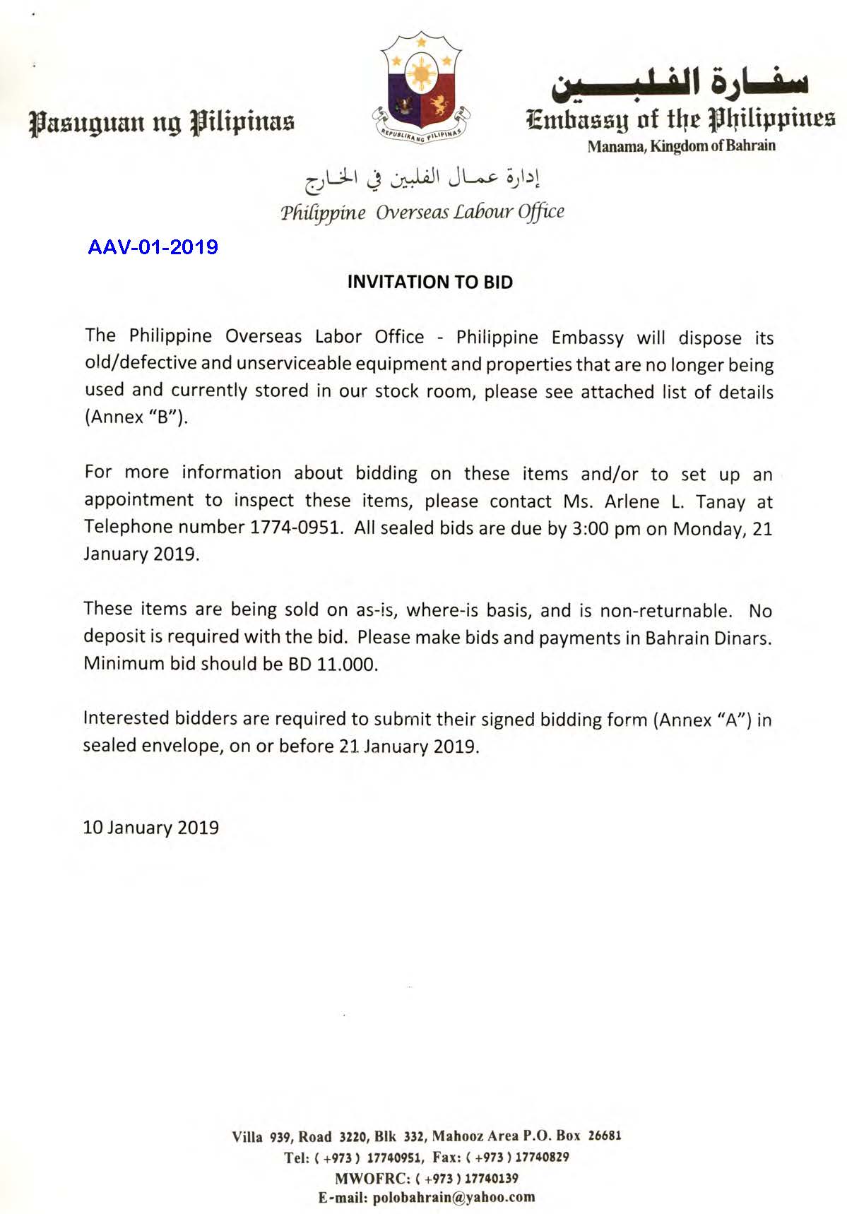 AAV 01 2019 Invitation to Bid Unserviceable Property Page 1