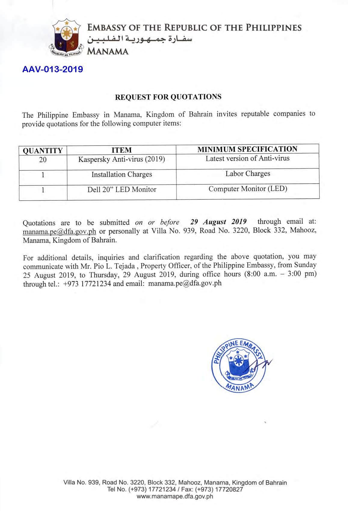 AAV 013 2019 Request for Quotations Kaspersky Anti Virus 2019 Dell 20 inches LED Monitor