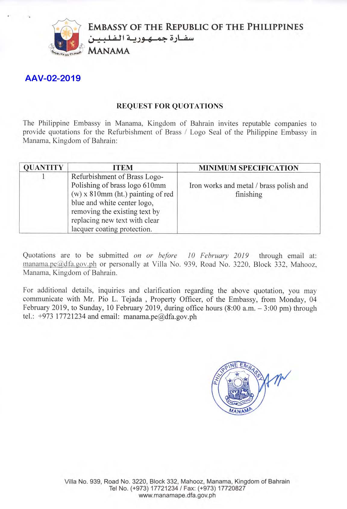 AAV 02 2019 Request for Quotations Refurbishment of Brass Logo Seal of the Embassy