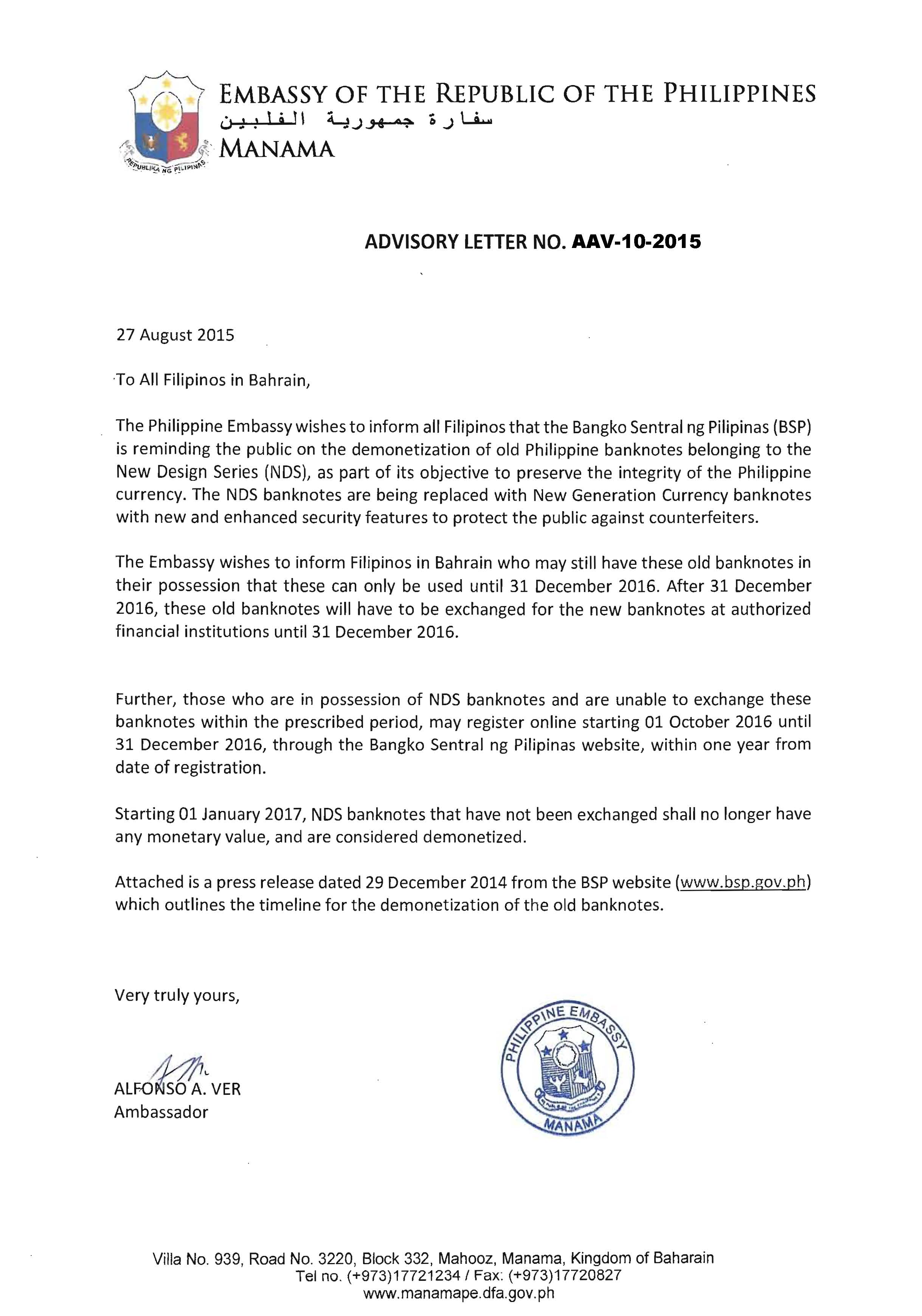 ADVISORY LETTER NO. AAV-10-2015 BANGKO SENTRAL NG PILIPINAS DEMONETIZATION OF OLD PHILIPPINE BANKNOTES BELONGINGS TO NEW DESIGN SERIES Page 1