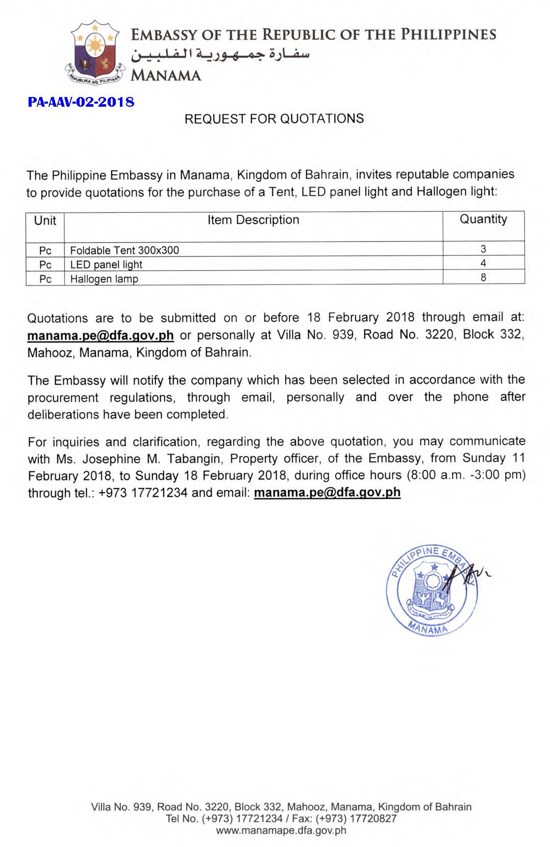 PA AAV 02 2018 Request for Quotations Tent LED Panel light and Hallogen light