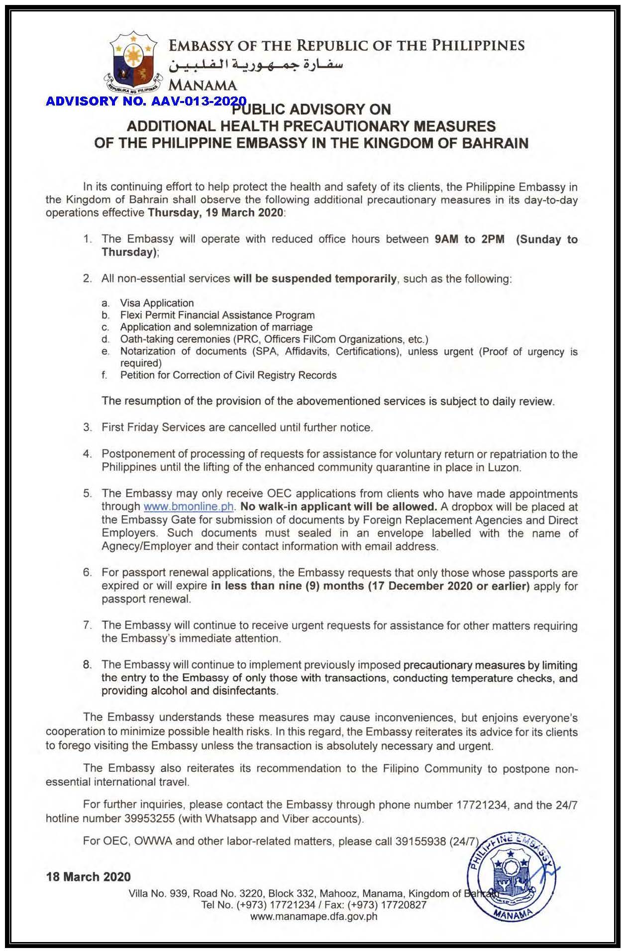 1 ADVISORY NO. AAV 013 2020 Additional Health Precaution Measures of the Philippine Embassy in the Kingdom of Bahrain