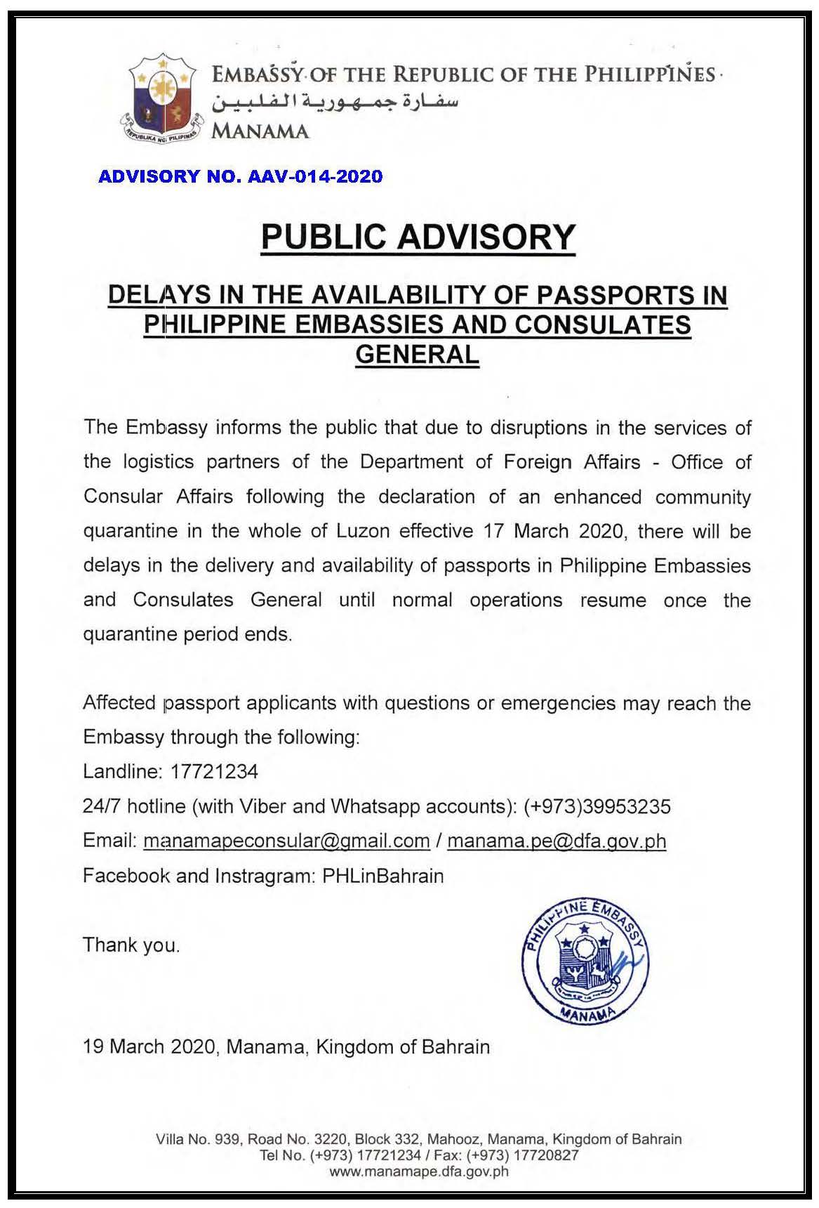 1 ADVISORY NO. AAV 014 2020 Delays in the availability of passports in Philippine Embassies and Consulates General