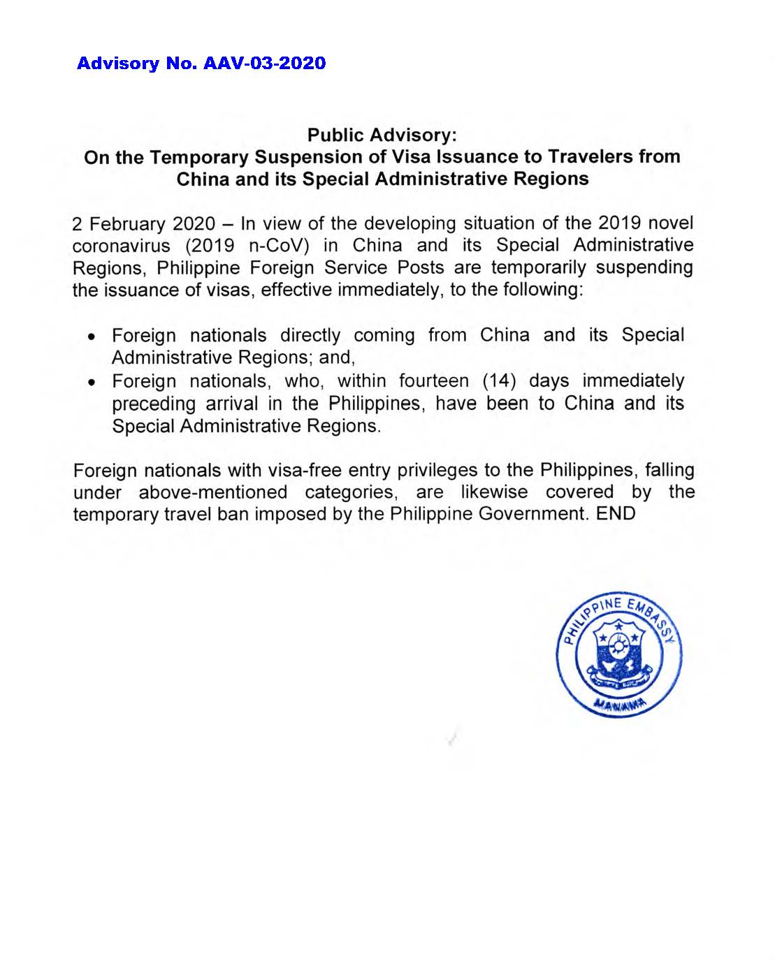 1 Advisory No. AAV 03 2020 Temporary Suspension of Visa Issuance to Travelers from China and its Special Administrative Region 2