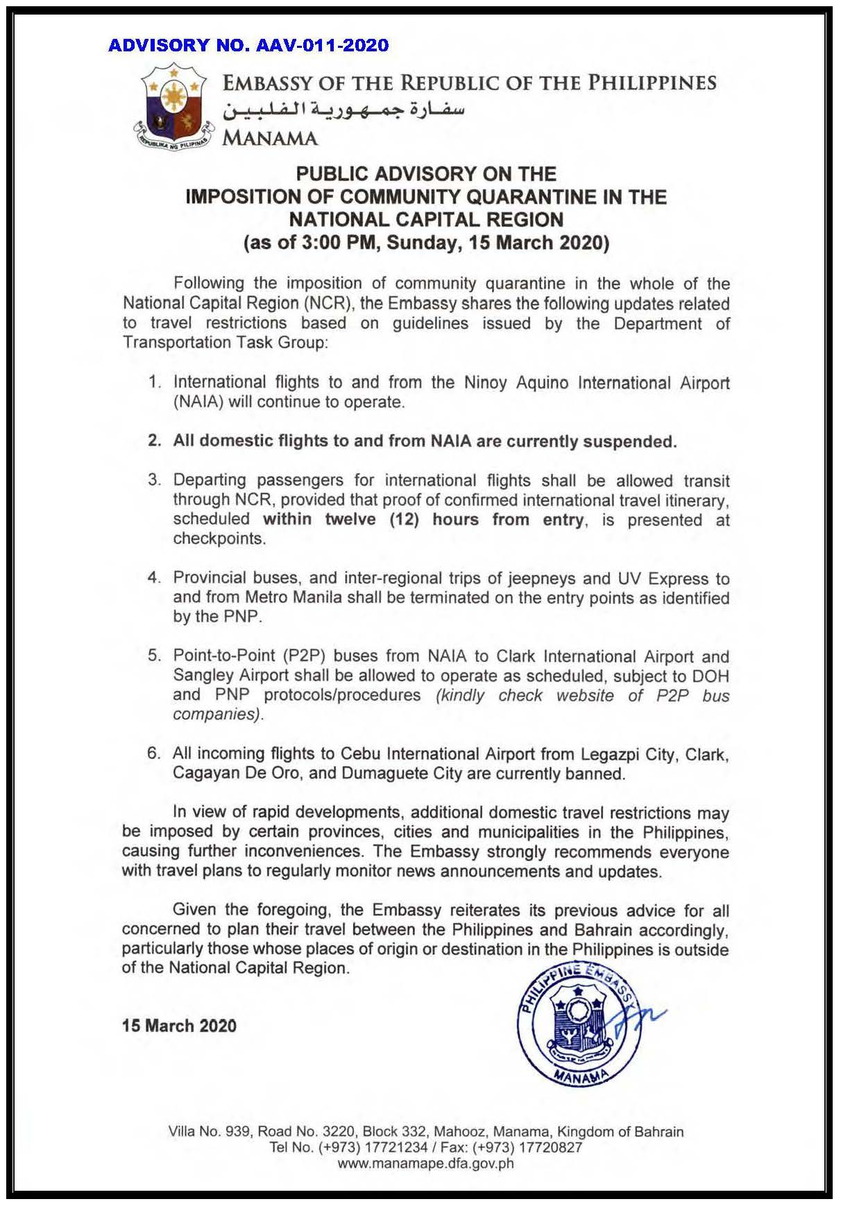 ADVISORY NO. AAV 011 2020 Imposition of Community Quarantine in National Capital Region