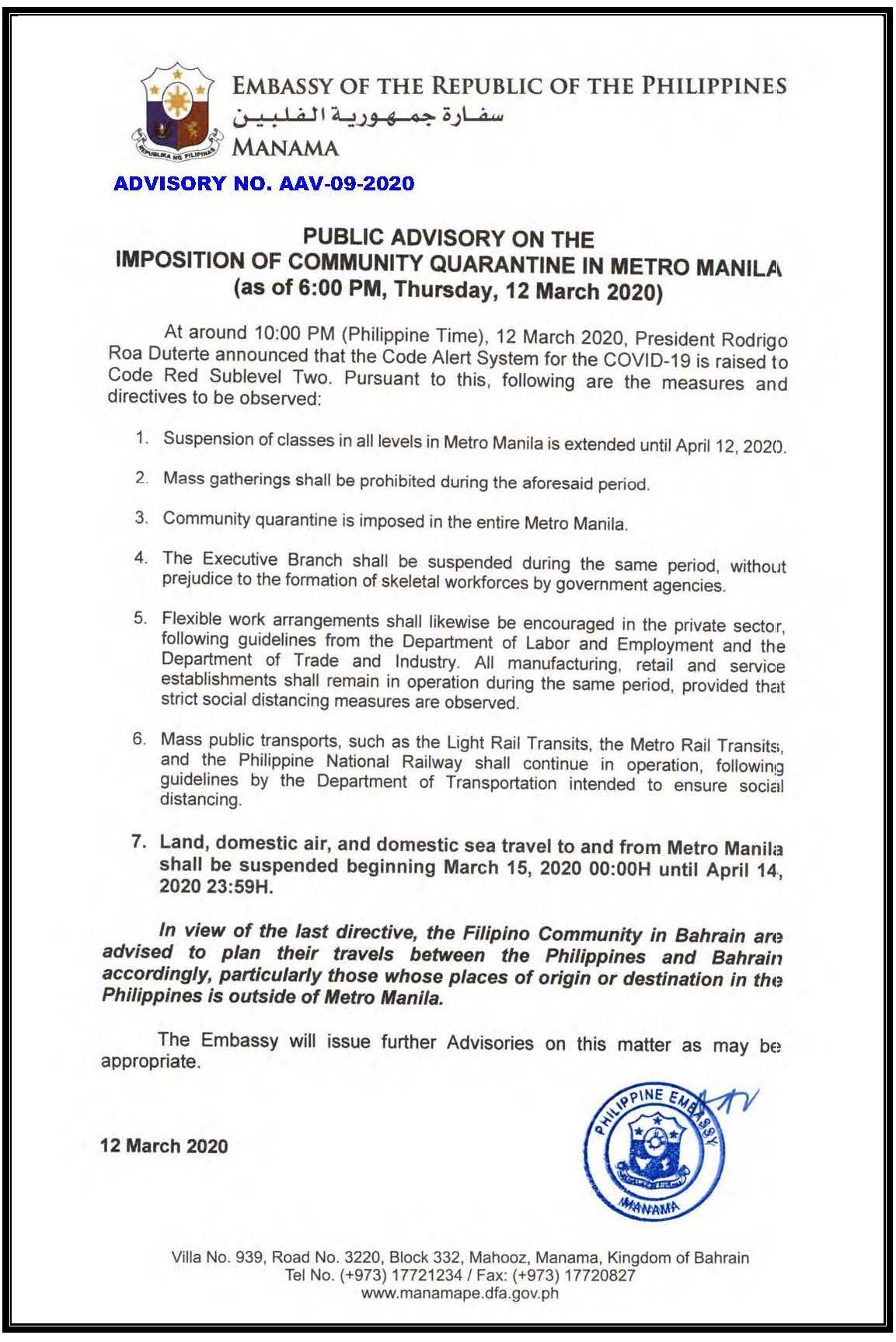 ADVISORY NO. AAV 09 2020 Imposition of Community Quarantine in Metro Manila