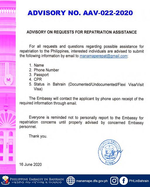 ADVISORY NO. AAV.022 2020 Requests for Repatriation Assistance