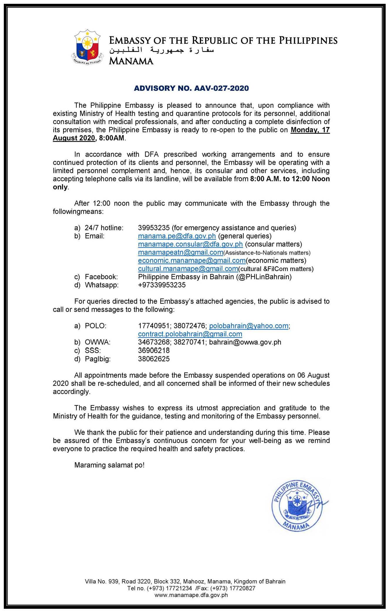 Advisory No. AAV 027 2020Philippine Embassy is re open to the public on Monday 17 August 2020 8AM