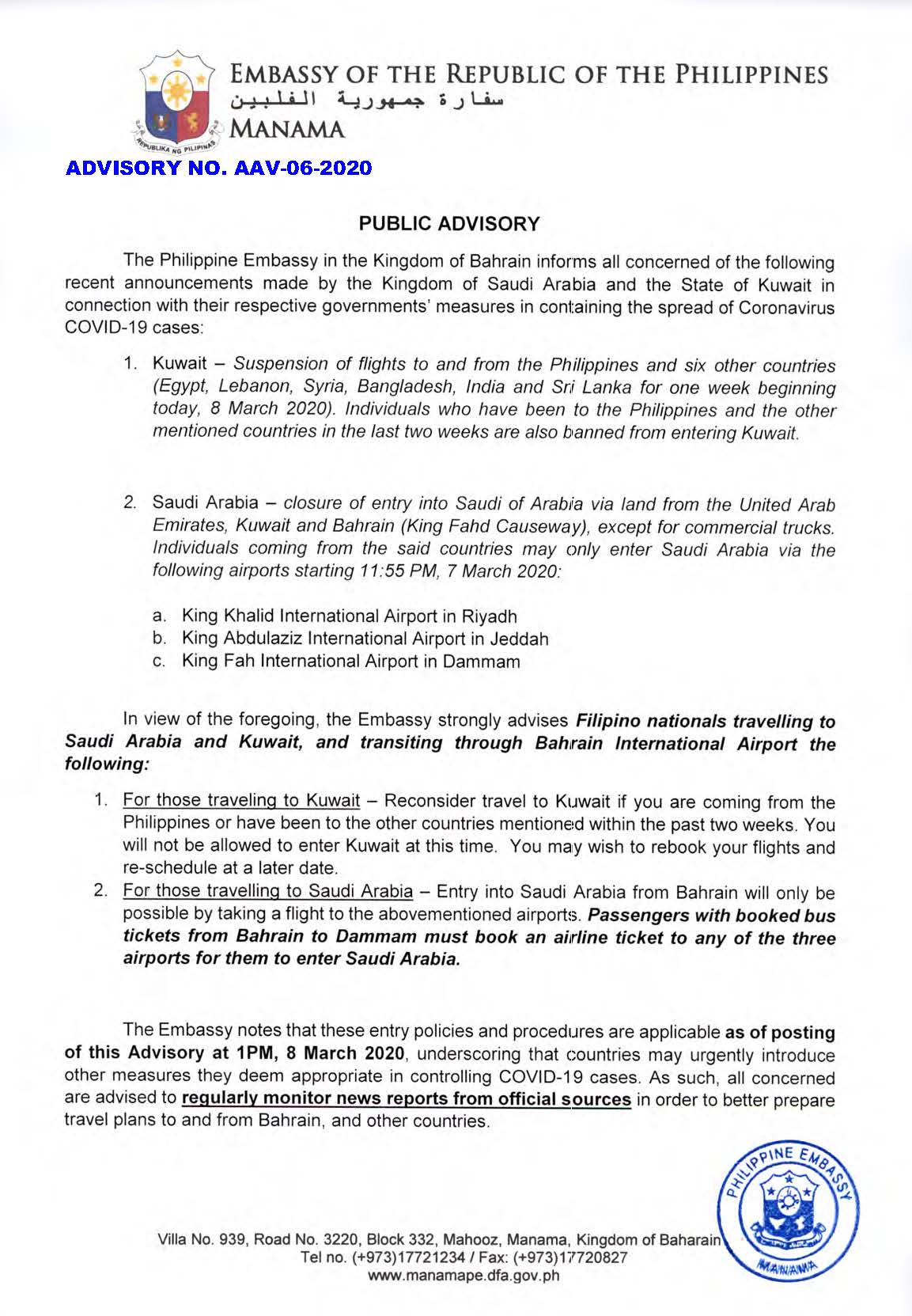 Advisory No. AAV 06 2020 Latest COVID 19 Precautionary Measures of Saudi Arabia and Kuwait