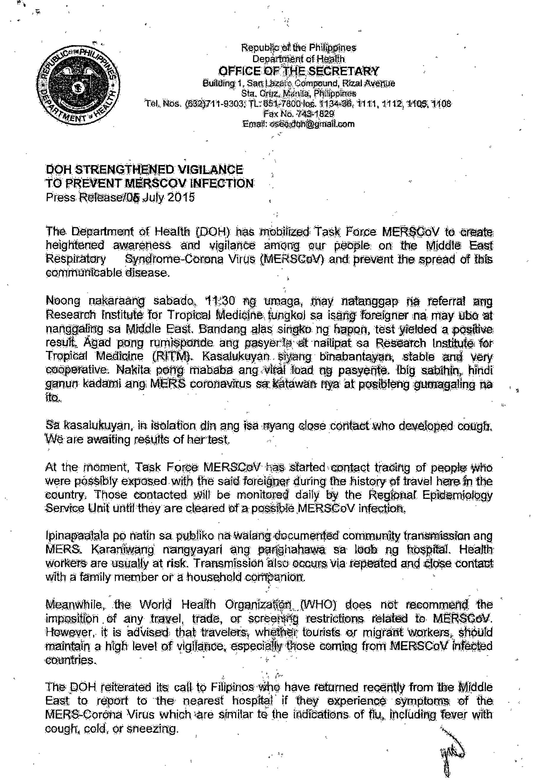 DOH STRENGTHENED VIGILANCE TO PREVENT MERSCOV INFECTION Page 1