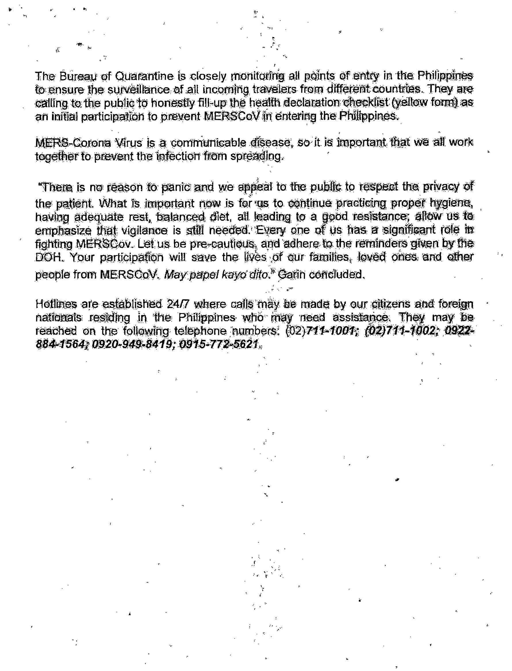 DOH STRENGTHENED VIGILANCE TO PREVENT MERSCOV INFECTION Page 2