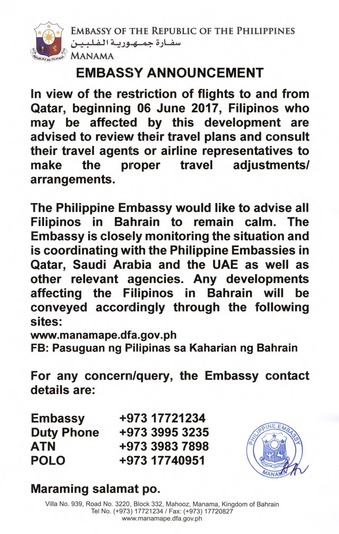 Embassy Announcement Restriction of Flights to and from Qatar