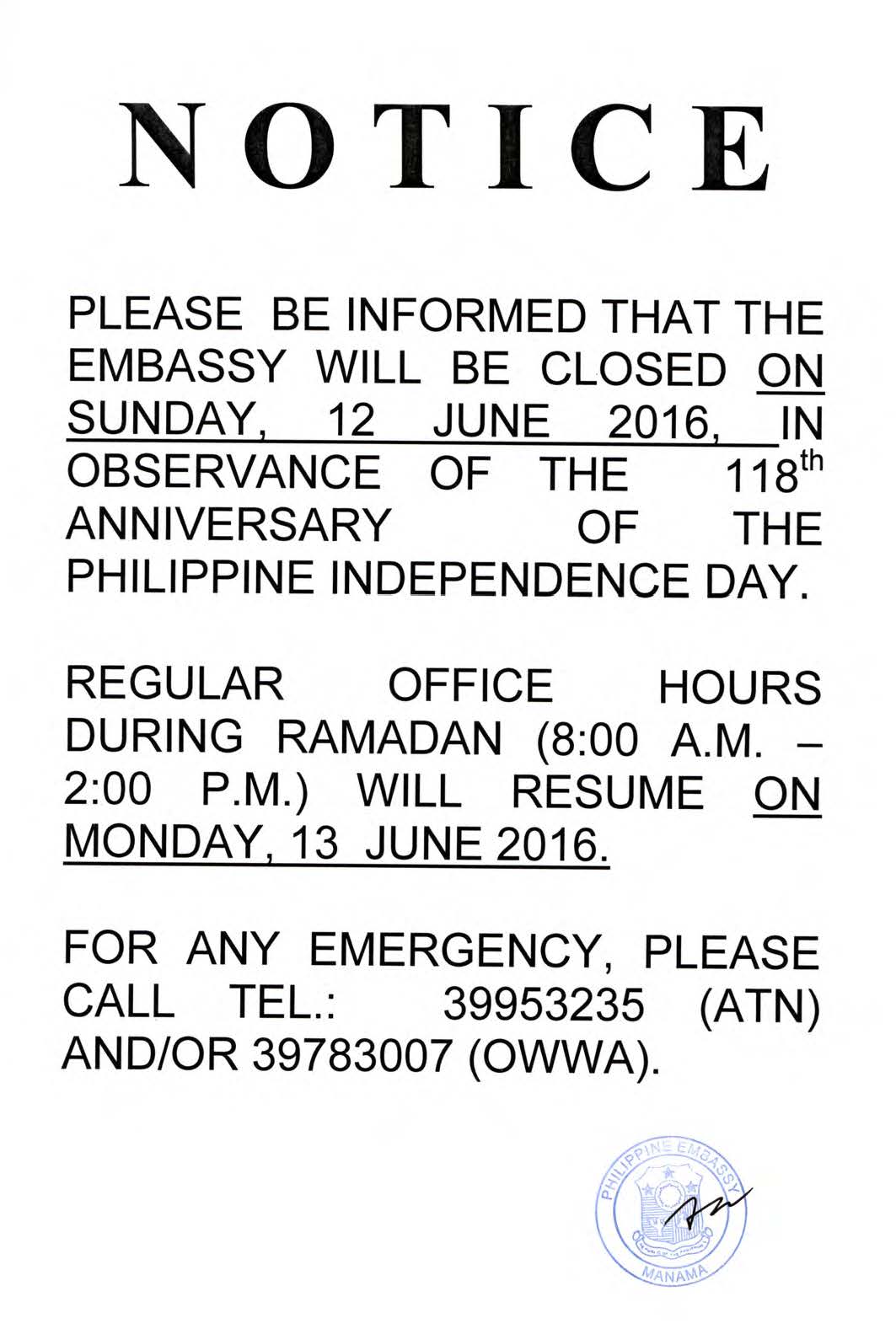 Embassy Closed on Sunday 12 June 2016