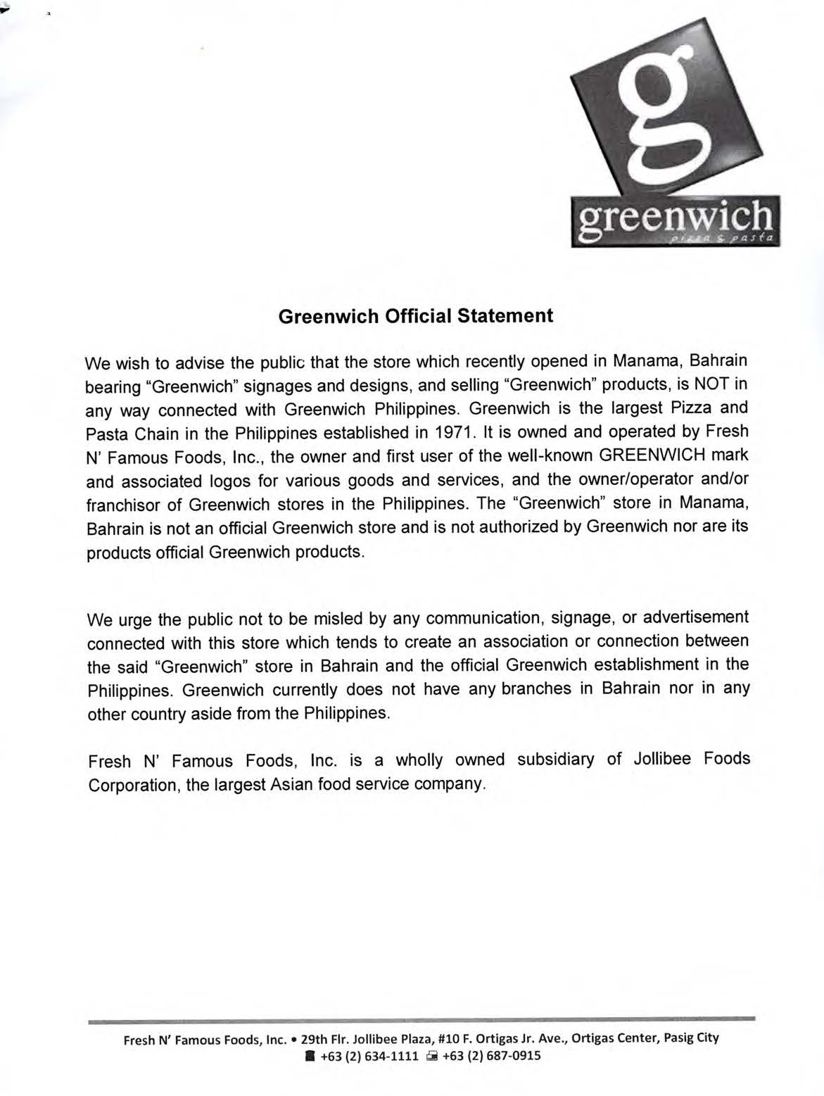 FOR THE INFORMATION OF THE PUBLIC GREENWICH OFFICIAL STATEMENT