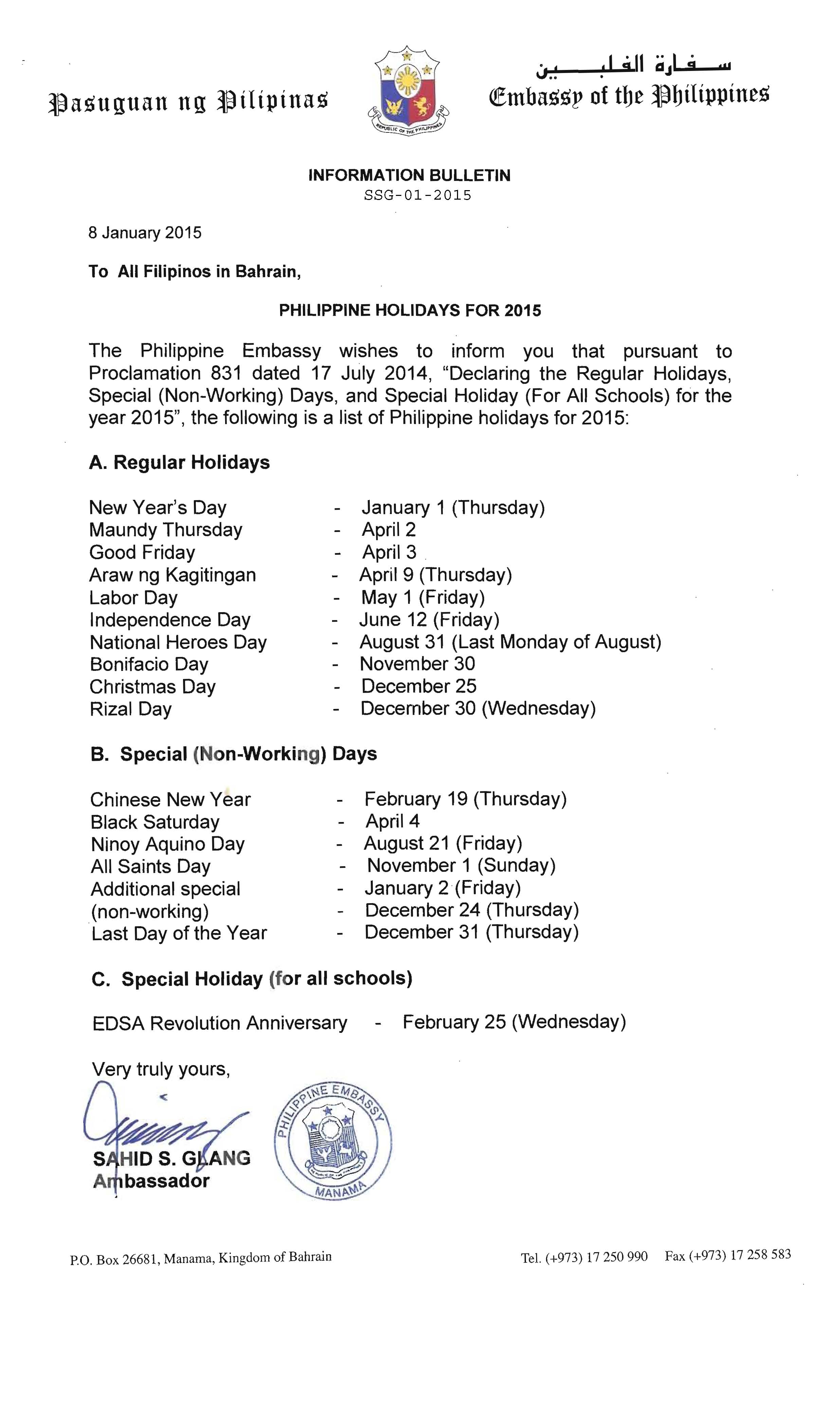 INFORMATION BULLETIN NO. SSG-01-2015 PHILIPPINE HOLIDAYS