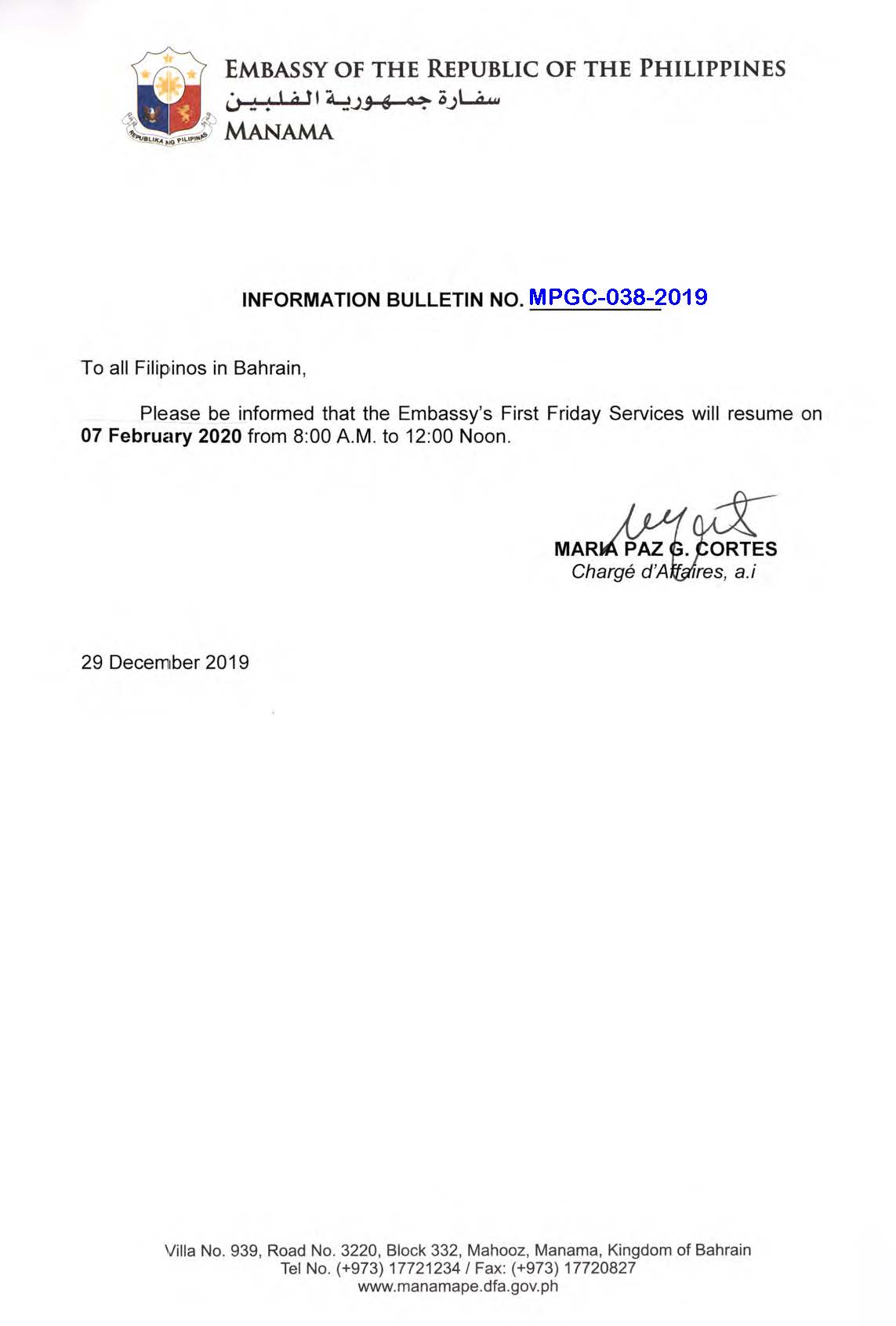 Information Bulletin No. MPGC 038 2019 First Friday Services