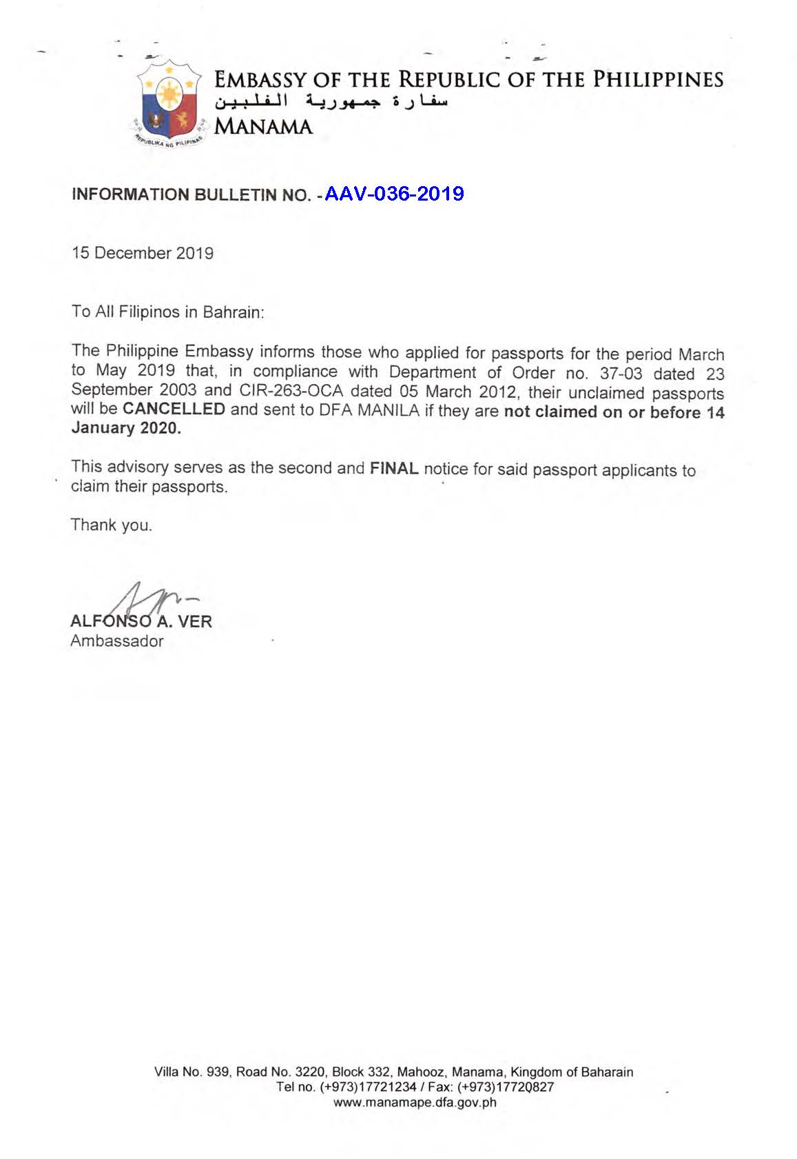 Information Bulletin No. AAV 036 2019 Unclaimed passports Page 1