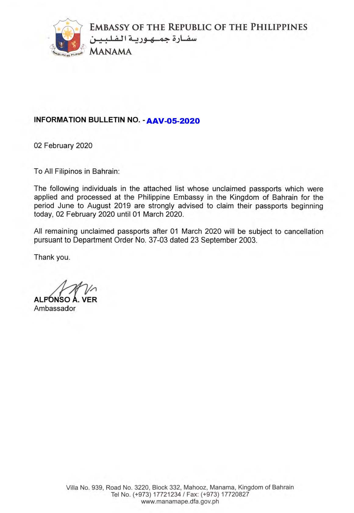 Information Bulletin No. AAV 05 2020 Unclaimed Passports