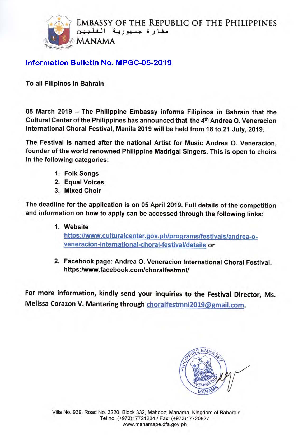 Information Bulletin No.MPGC 05 2019 4th Andrea Veneracion International Choral Festival