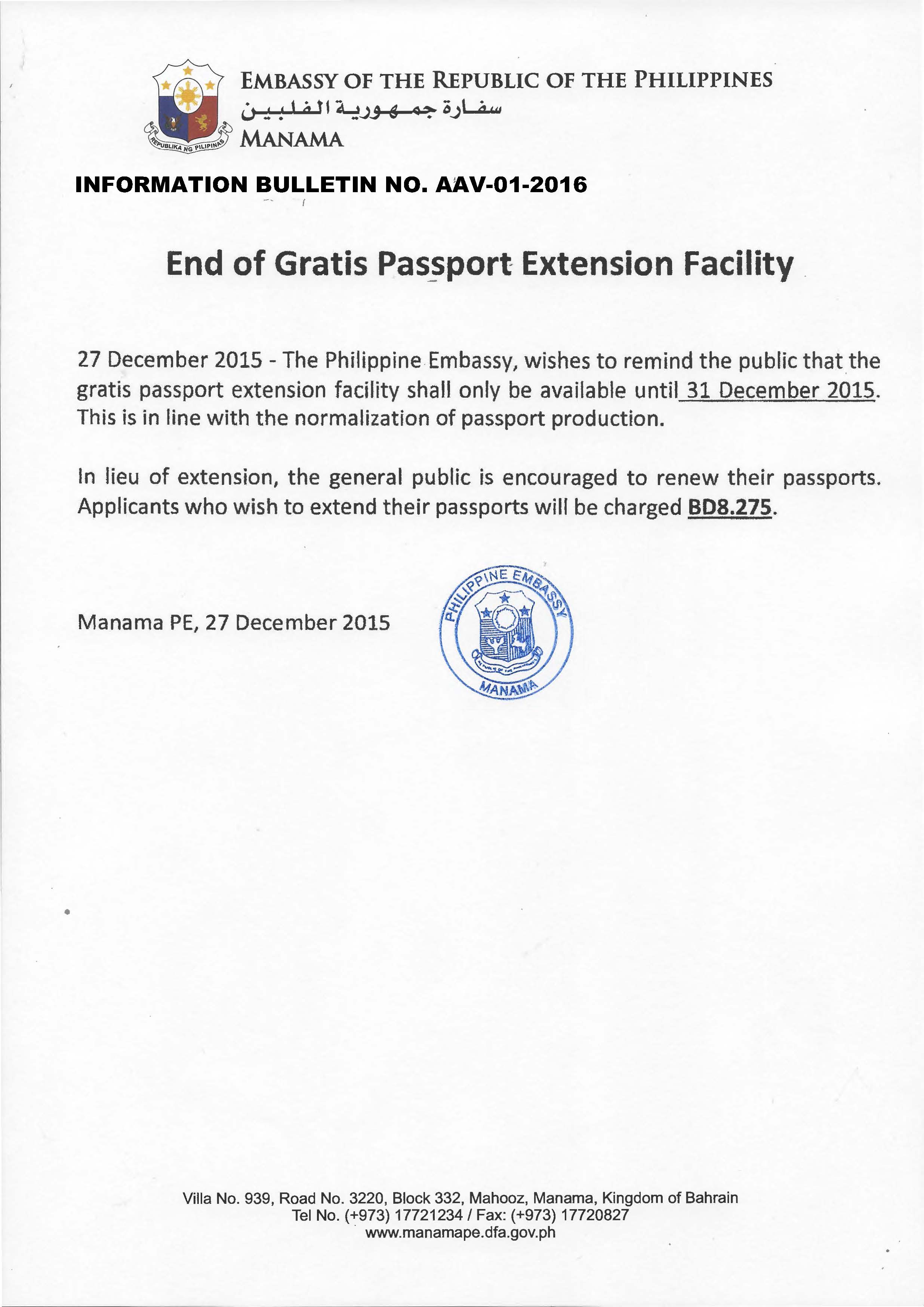 Information Bulletin No. AAV 01 2016 End of Gratis Passport Extension Facility