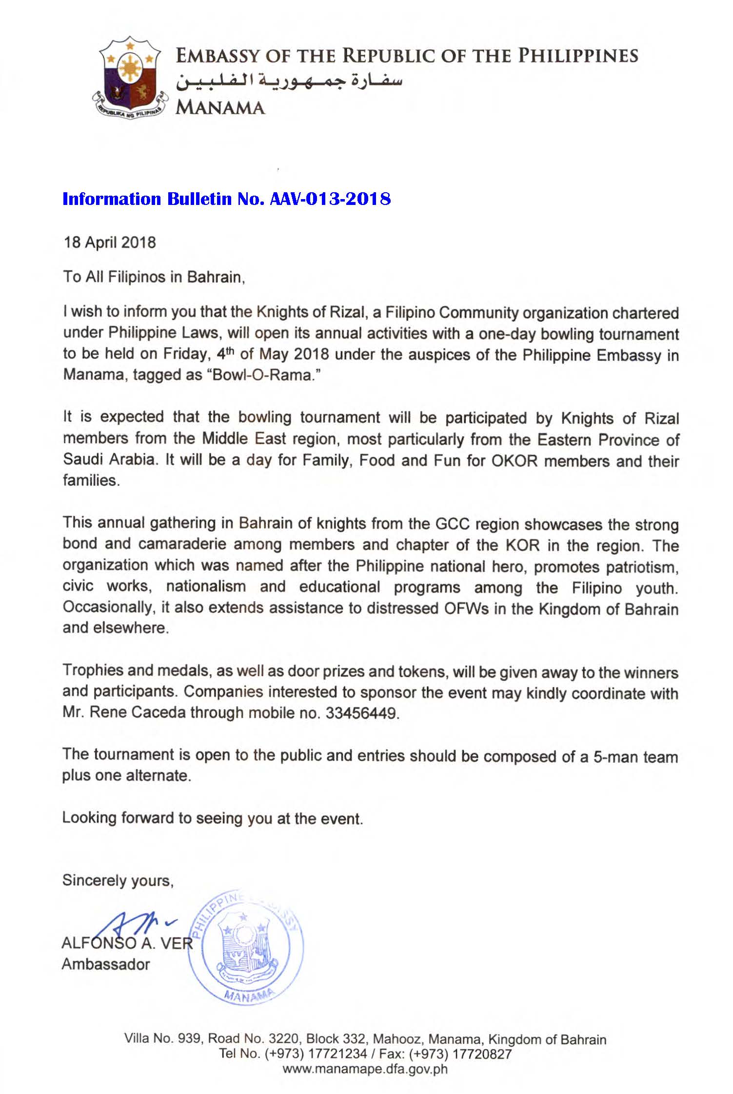 Information Bulletin No. AAV 013 2018 One day bowling tournament to held on Friday 4th of May 2018
