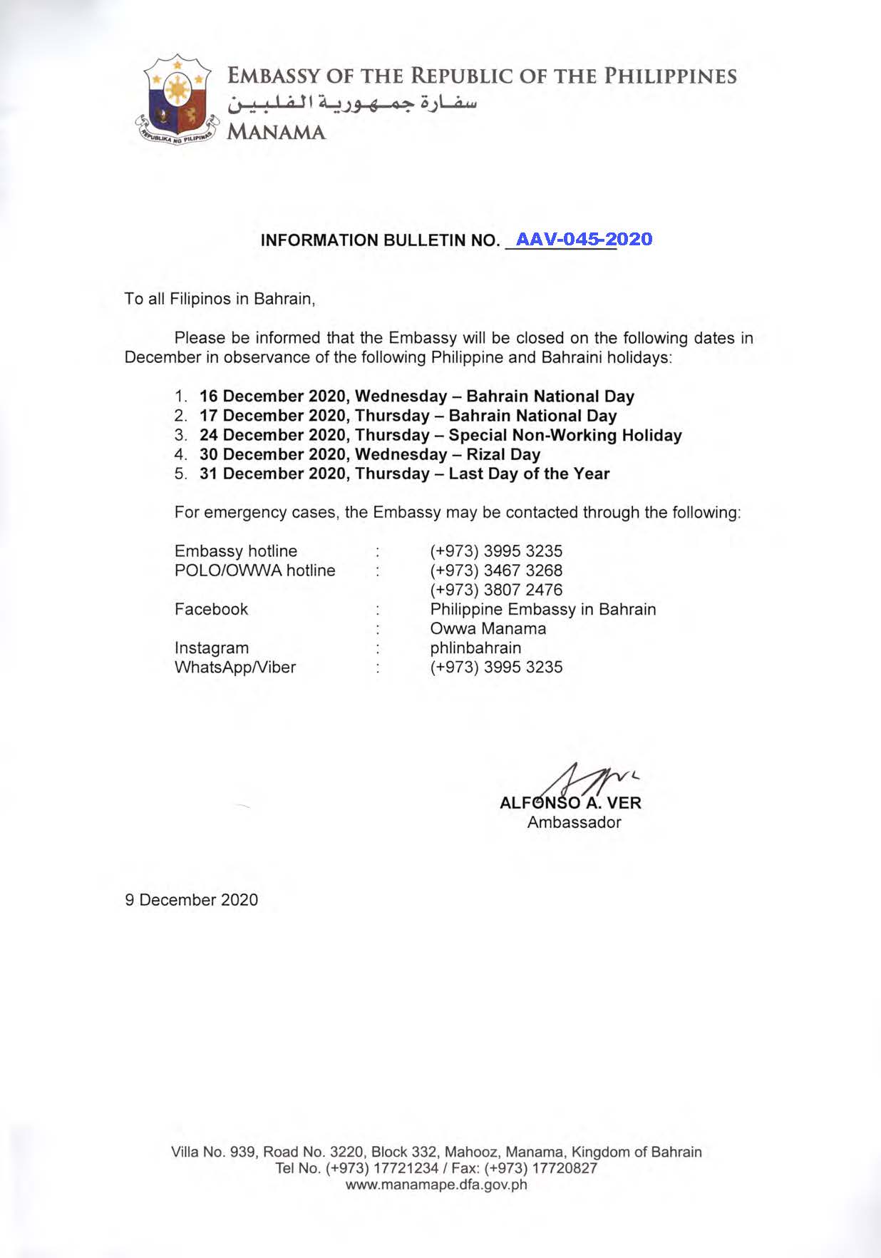 Information Bulletin No. AAV 045 2020 Observance of Philippine and Bahraini Holidays