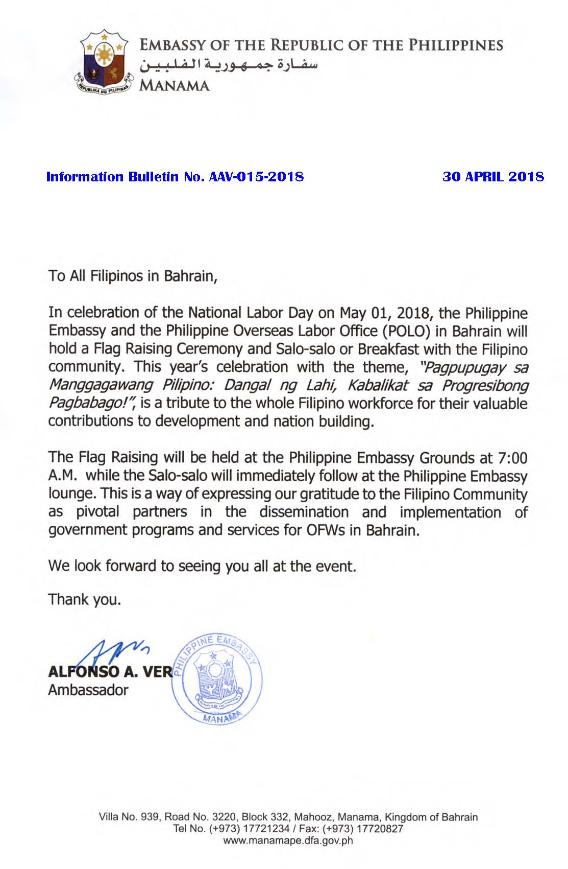 Information Bulletin No. AV 015 2018 Labor Day