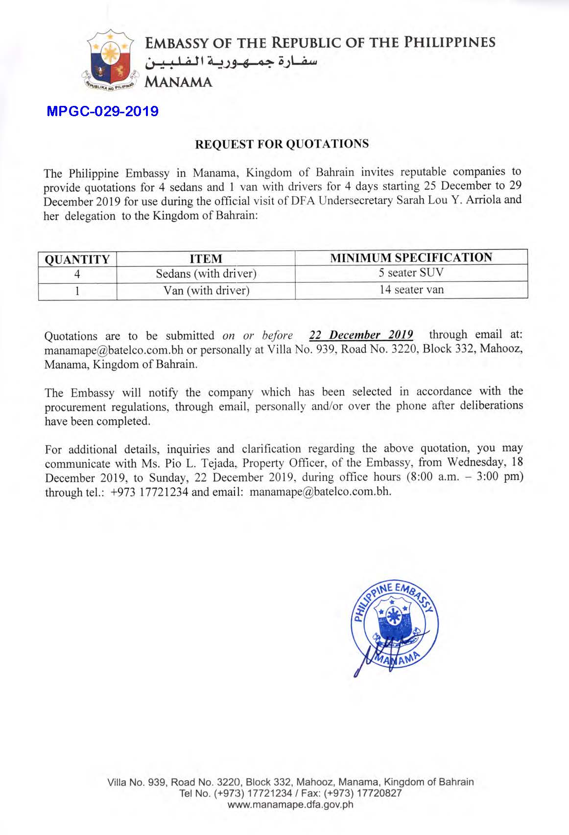 MPGC 029 2019 Request for Quotations 4 Sedans with driver and Van with Driver