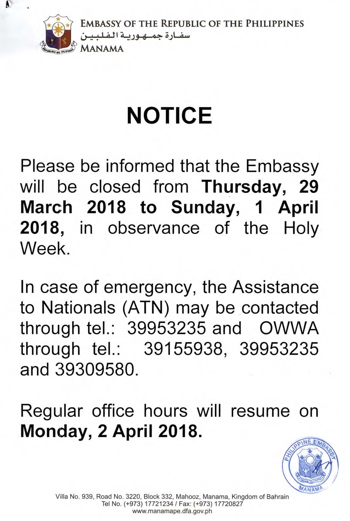 Notice Observance of the Holy Week