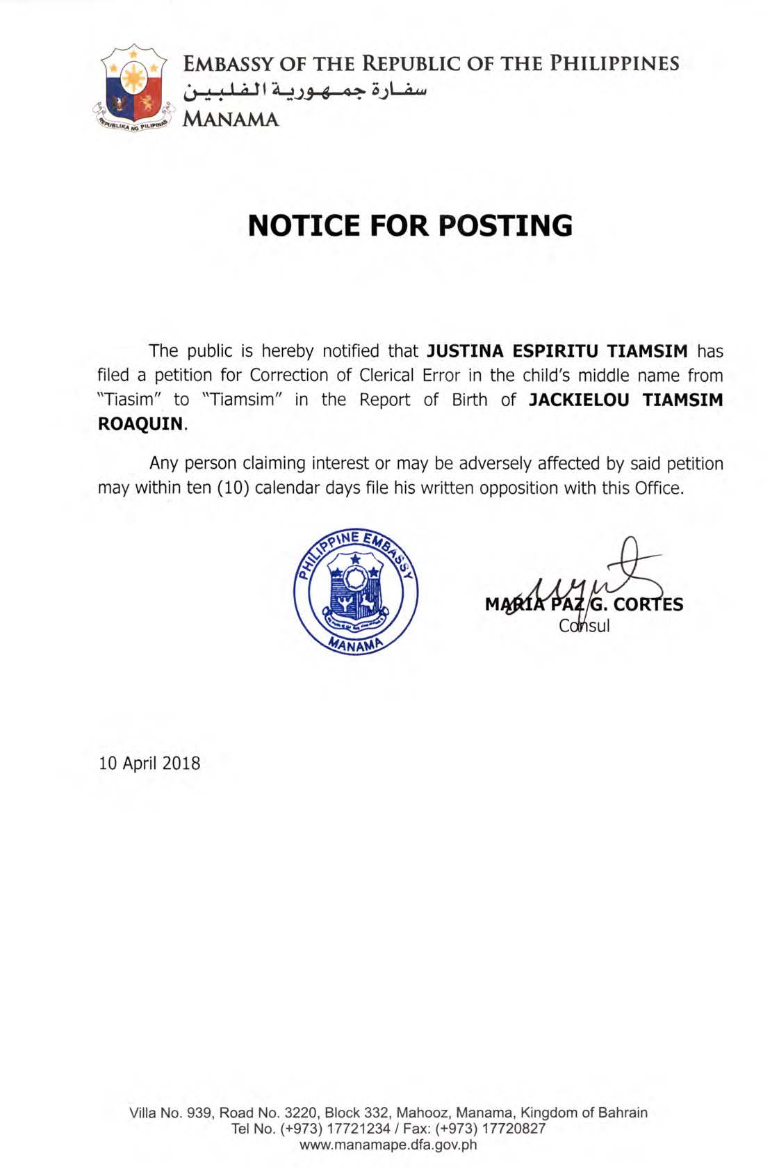Notice for Posting Justina Espiritu Tiamsim Correction of Clerical Error in the Childs middle name