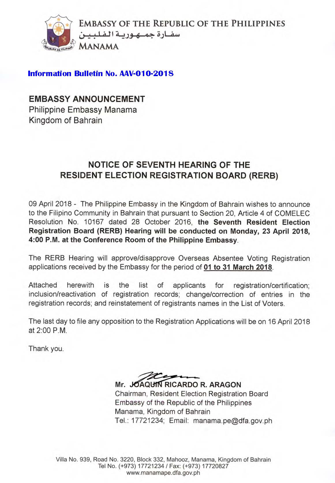 Notice of 7th Hearing of the Resident Election Registration Board RERB