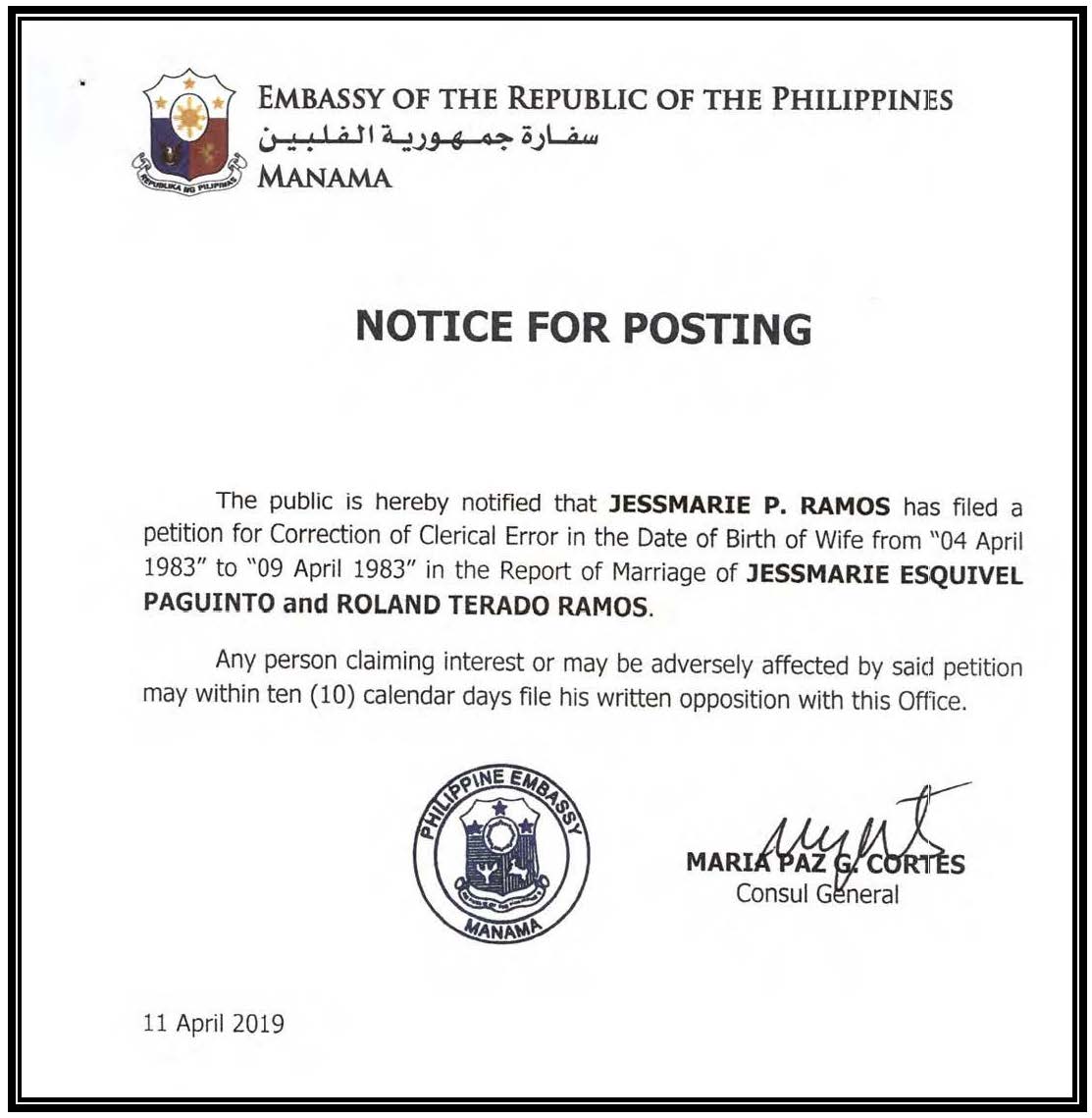 Notice of Posting Petition for Correction of Clerical Error in the Date of Birth Jessmarie Eaquivel Paguinto and Roland Terado Ramos