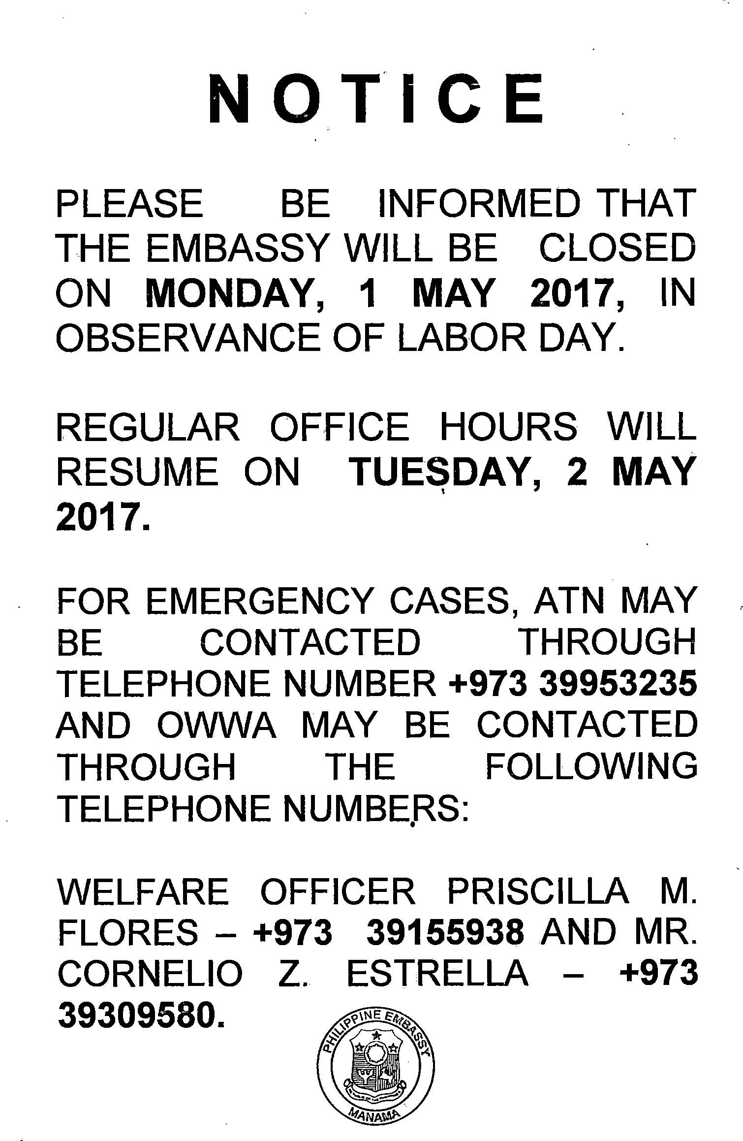 Notice to the Public Labor Day