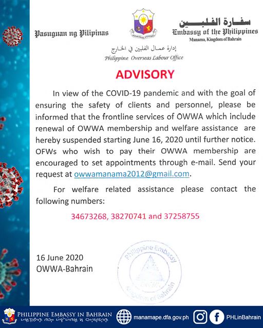 OWWA Advisory Welfare Assistance are hereby suspended starting June 16 2020 until further notice