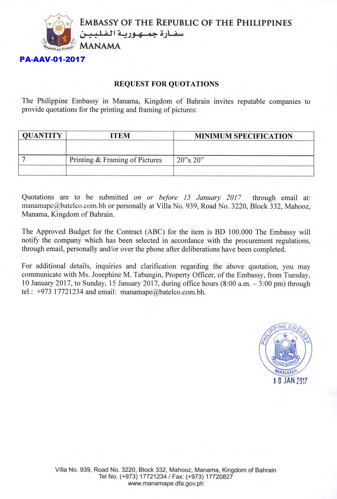 PA AAV 01 2017 Request for Quotations Printing Framing of Pictures 20x20