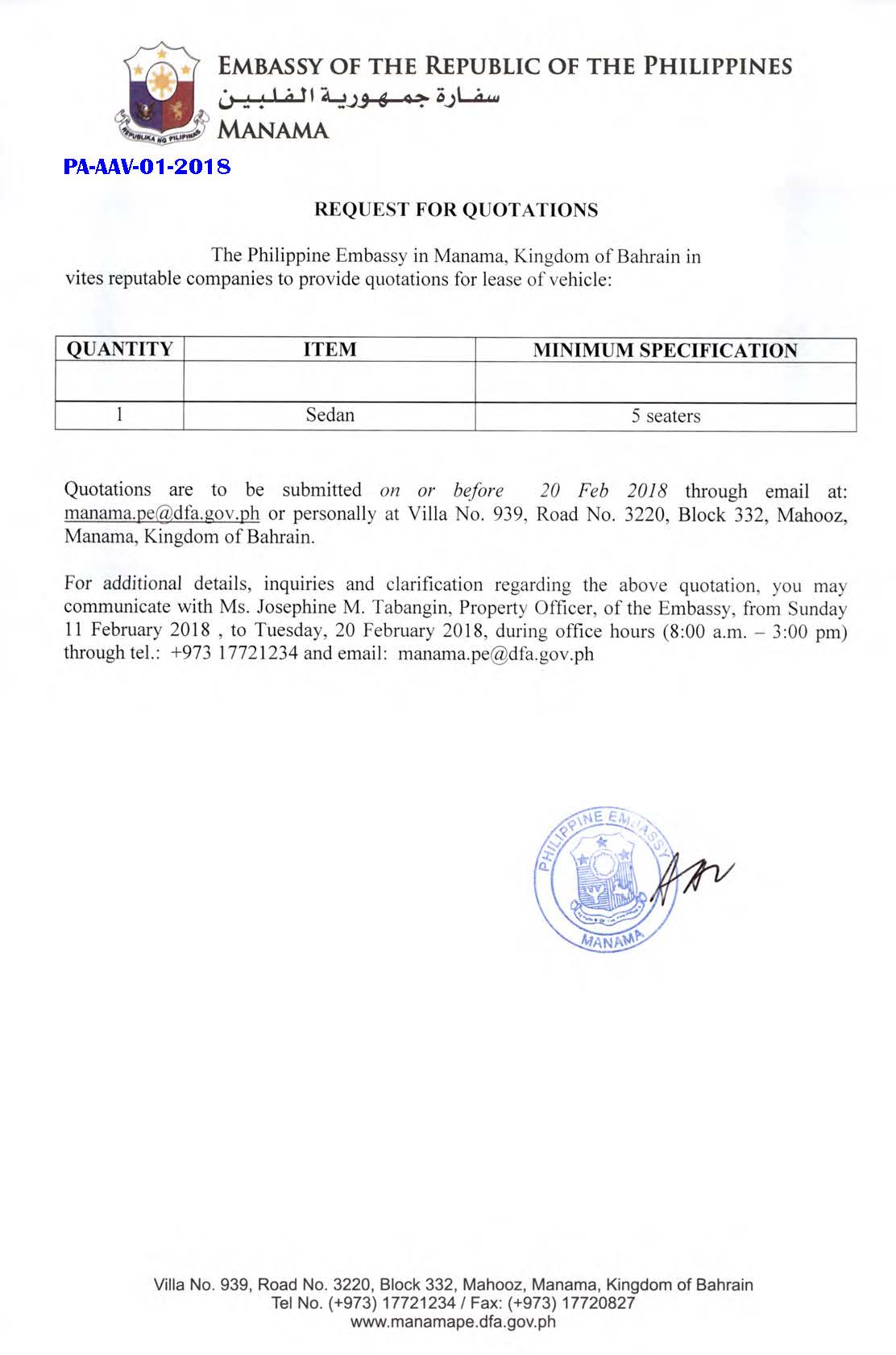 PA AAV 01 2018 Request for Quotations one Motor Vehicle Sedan 5 Seater