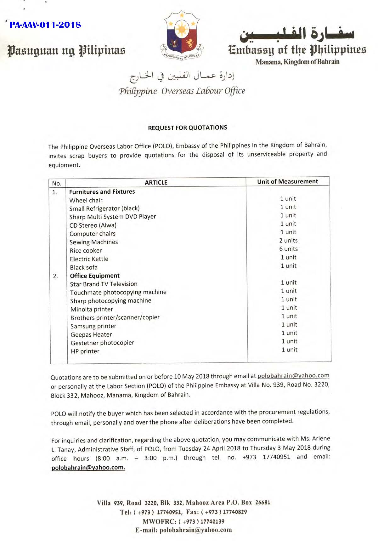 PA AAV 011 2018 Request for Quotations Furnitures and Fixtures Office Equipmet