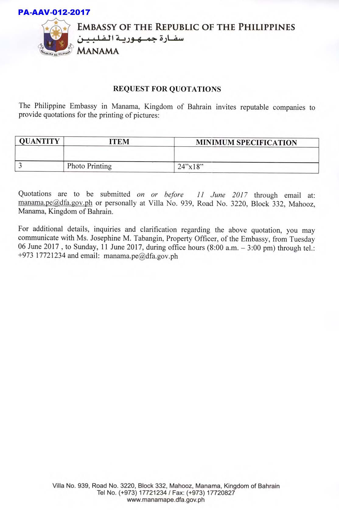 PA AAV 012 2017 Request for Quotation Photo Printing