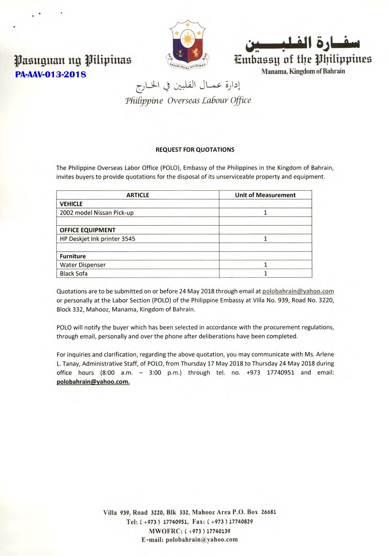 PA AAV 013 2018 Request for Quotations disposal of unserviceable property Nissan Pick Up