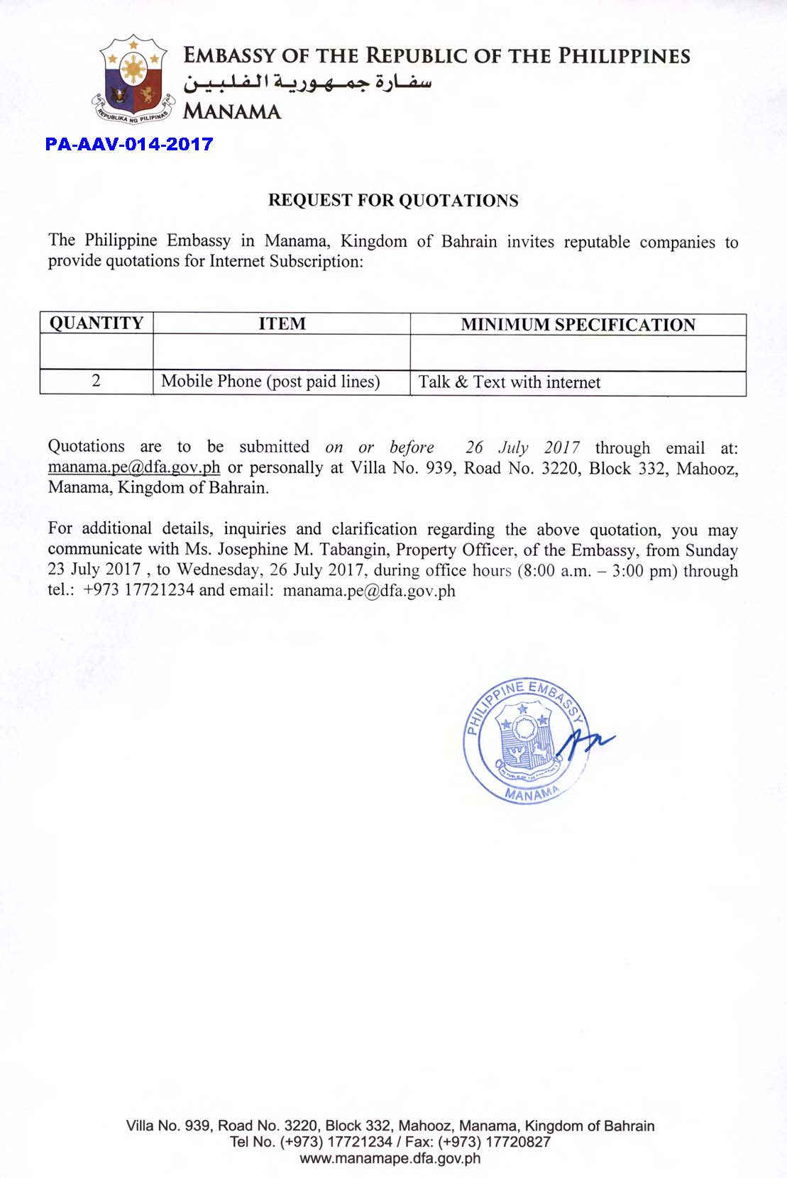 PA AAV 014 2017 Request for Quotations Mobile Phone Post Paid Lines