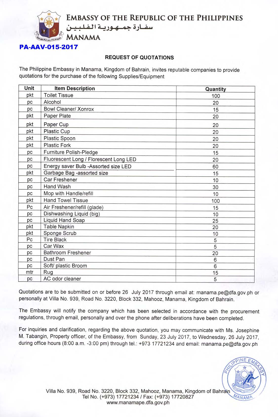 PA AAV 015 2017 Request for Quotations SuppliesEquipment Toilet Tissue Alcohol etc