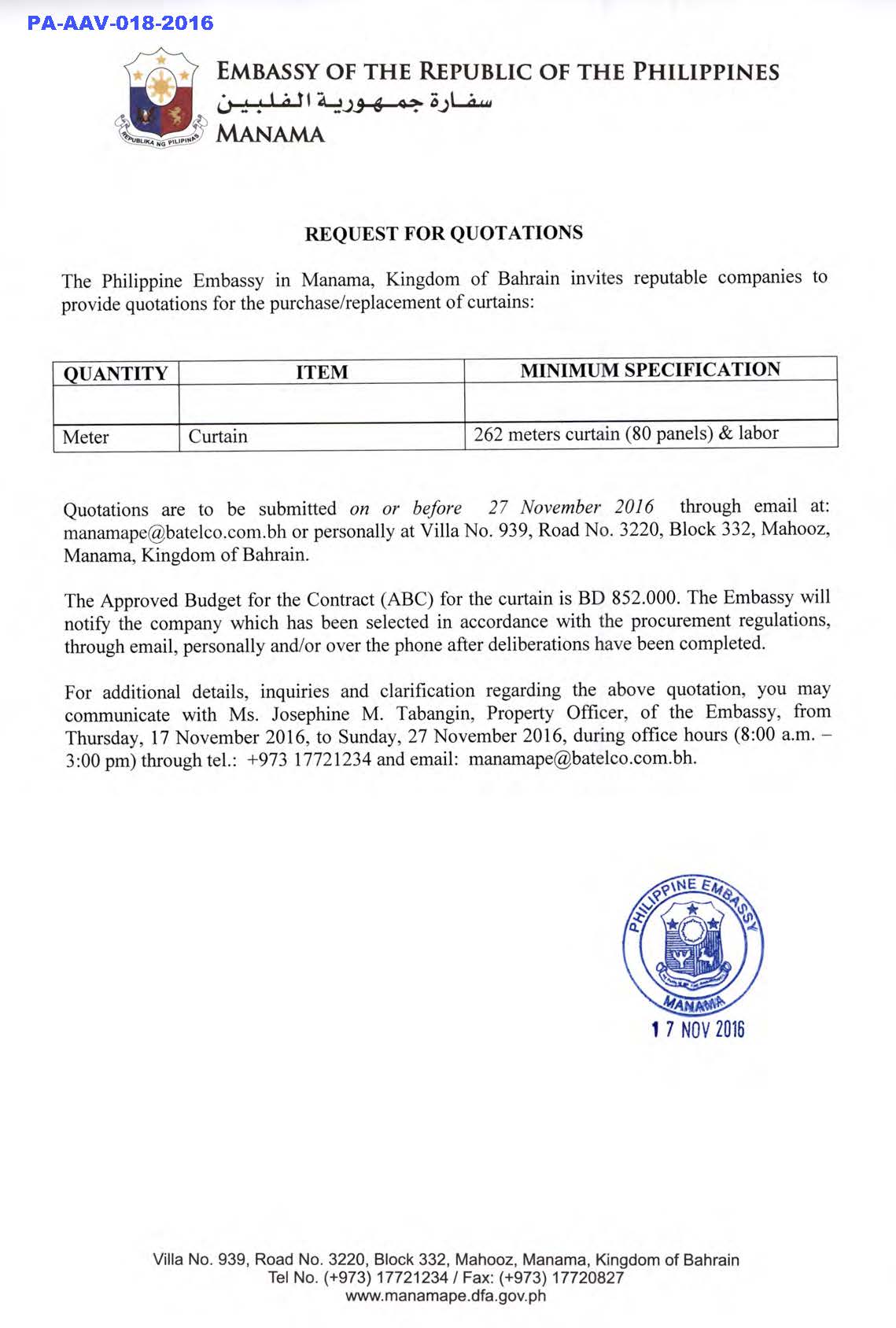 PA AAV 018 2016 Request for Quotations Curtains 262 meters labor 80 panels 