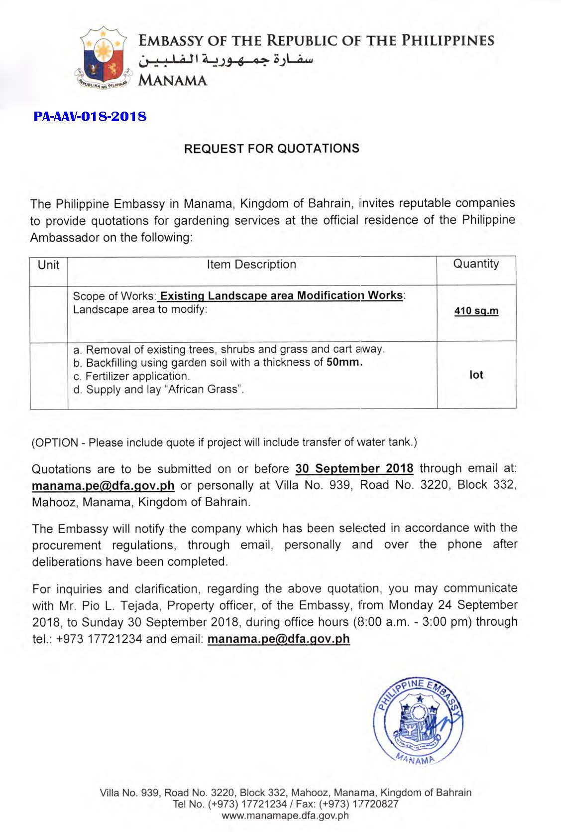 PA AAV 018 2018 Request for Quotations Existing Landscape area Modification Works