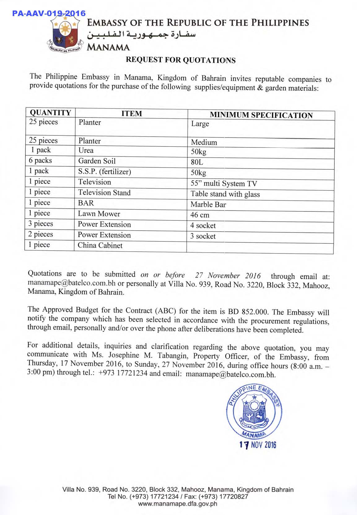 PA AAV 019 2016 Request for Quotations Supplies and Equipment garden materials TV