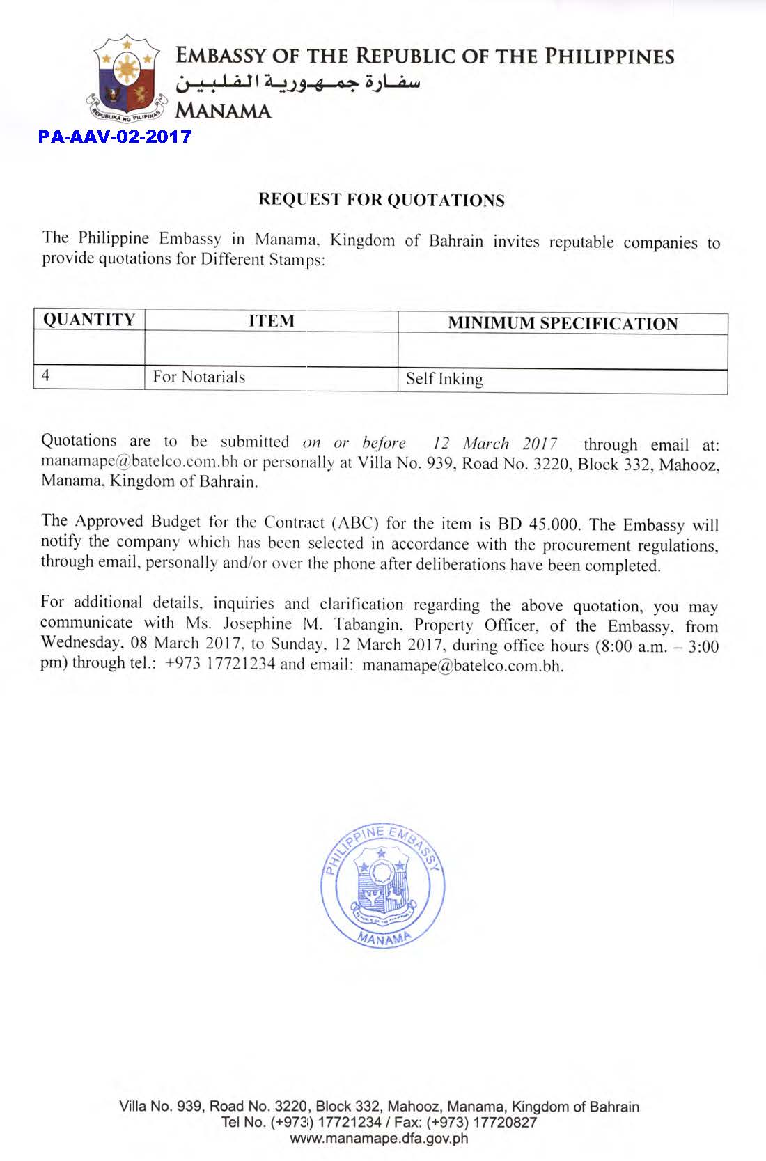 PA AAV 02 2017 Request for Quotations Stamps for Notarials