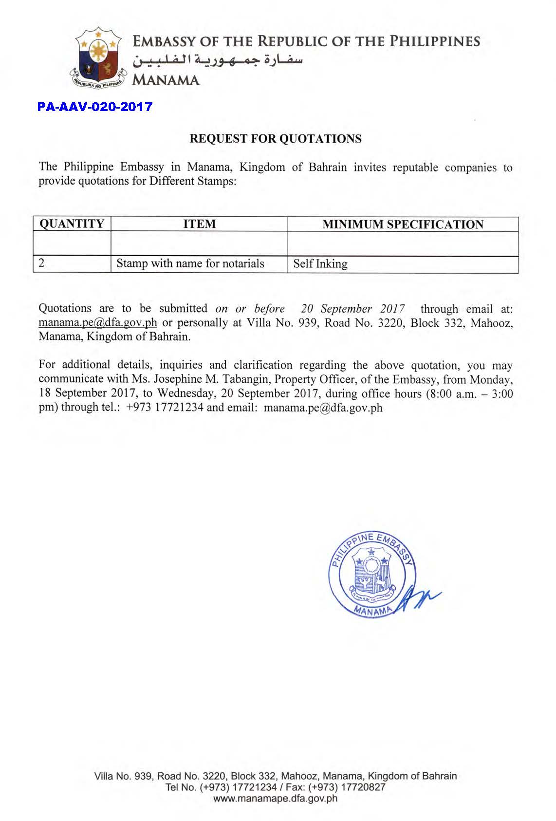 PA AAV 020 2017 Request for Quotations Stamp with Name for Notarials