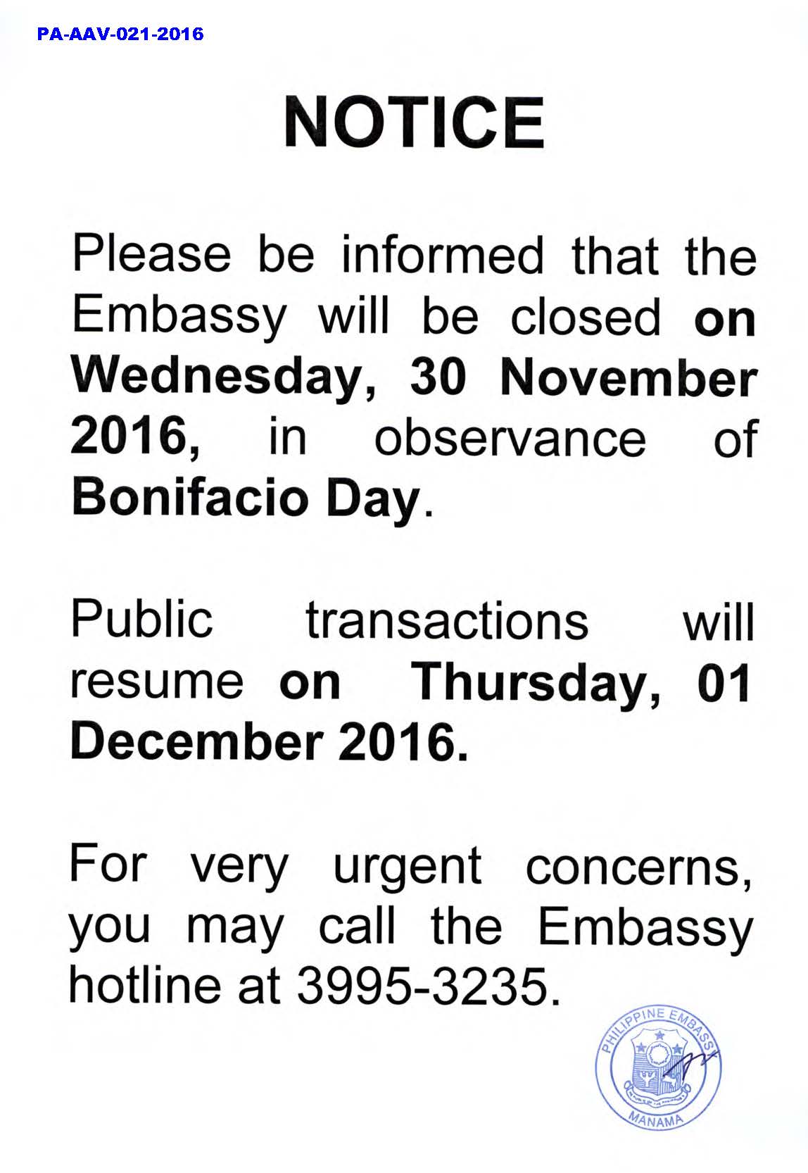 PA AAV 021 2016 The Embassy will be closed on 30 November 2016 Wednesday Bonifacio Day